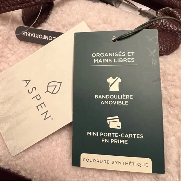 Aspen satchel bag cream Sherpa with brown faux leather trim with pouch NWT - Picture 12 of 12